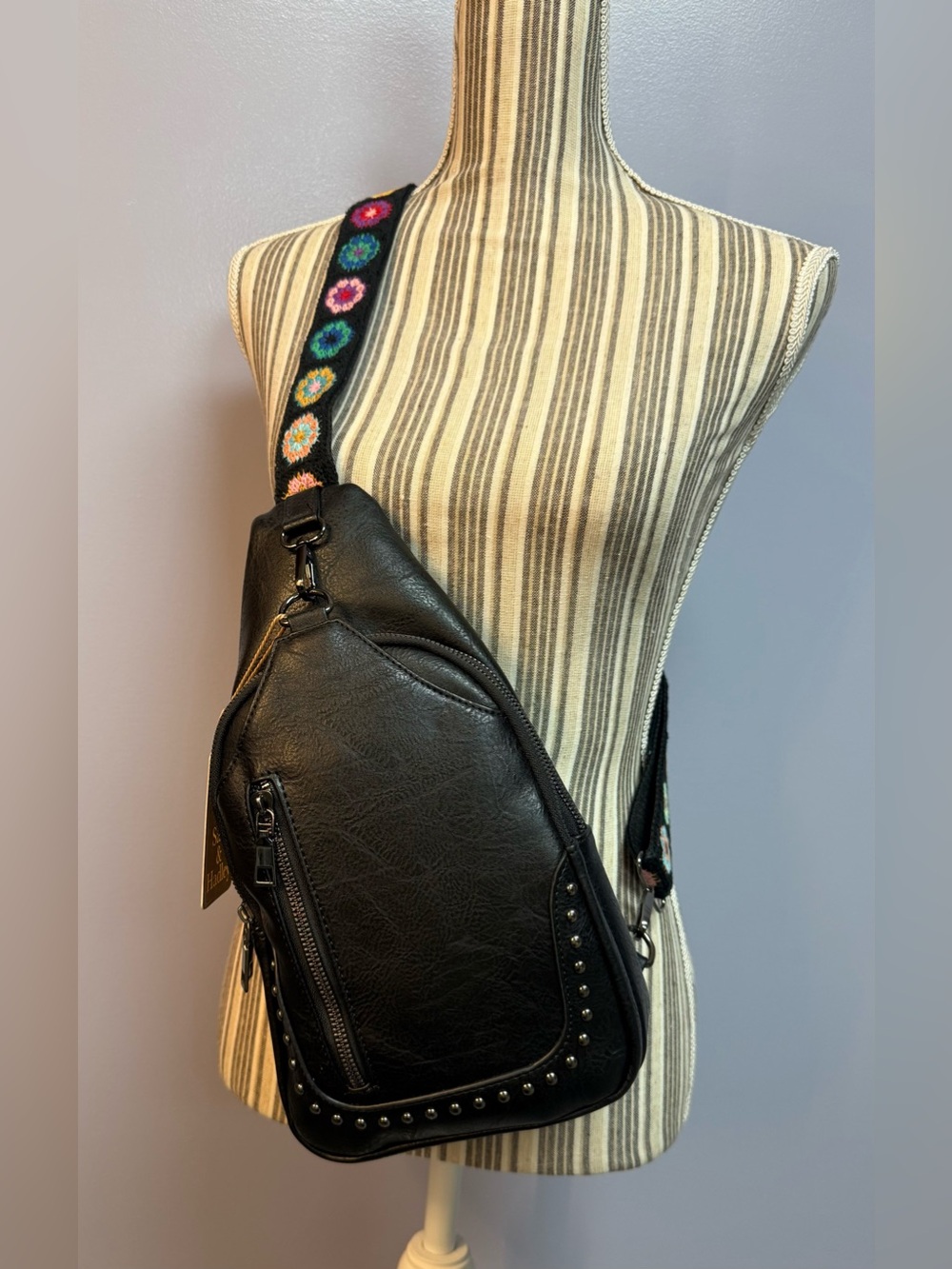 NWT Sam & Hadley Black Studded Faux Leather Crossbody Sling Bag withFloral Strap